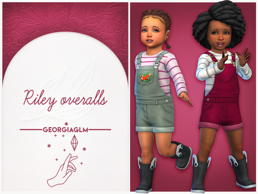Ein magentafarbener Hintergrund mit zwei Kleinkindern, die passende Sims 4 CC-Latzhosen und Stiefel tragen.