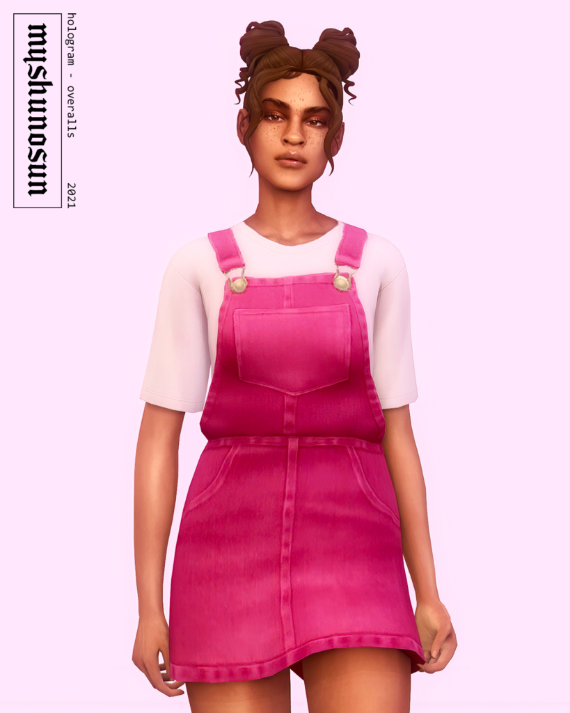 Ein hellrosa Hintergrund mit einem Sim, der davor steht. Sie trägt ein hellrosa Shirt mit einem leuchtend pinken Overall mit Rock. Sims 4 CC.