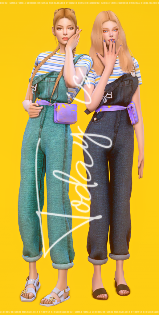 Ein helles gelbes Hintergrundbild mit zwei Sims, die darauf stehen. Sie tragen die gleichen Overalls in verschiedenen Farbkombinationen. CC