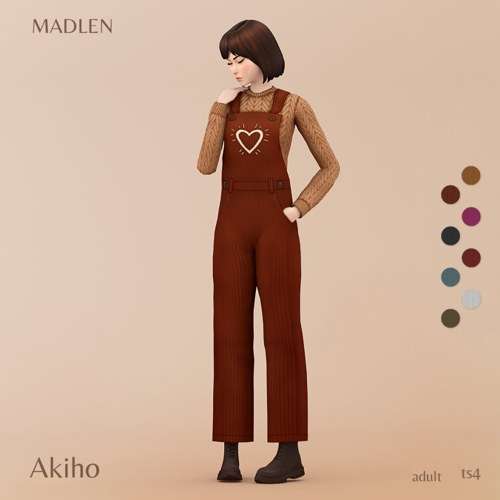 Ein Sim steht auf einem hellbraunen Hintergrund und trägt einen dunkelbraunen Overall mit einem Herz auf der Brust. Diese Sims 4 CC Overalls haben einen gestrickten Pullover darunter