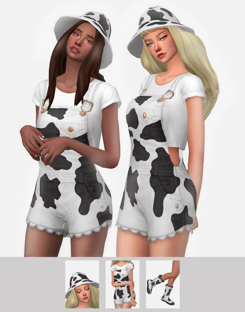 Zwei Sims stehen nebeneinander in passenden Latzhosen mit Kuhmuster.