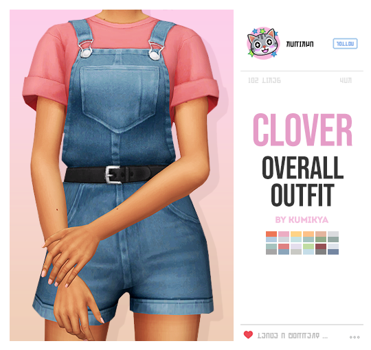 Ein Sim steht mit abgeschnittenem Kopf auf dem Bild, er hält mit einer Hand das andere Handgelenk fest. Er trägt ein rosa Shirt und eine Sims 4 CC Latzhose als Shorts.
