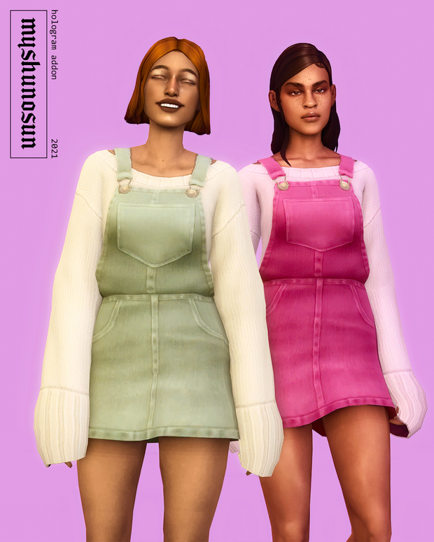 Zwei Sims auf einem rosa Hintergrund, beide tragen Langarm-Pullover mit passenden Overall-Kleidern.