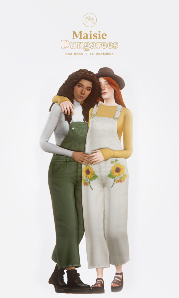 Zwei Sims in einer seitlichen Umarmung, die Langarmshirts und Latzhosen mit Blumen tragen.