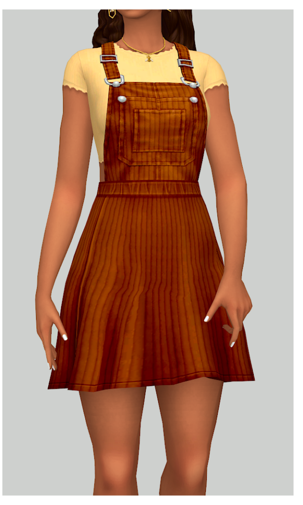 Ein Sim trägt ein gelbes T-Shirt und ein Latzkleid in Braun. Die Sims 4 CC Overalls.