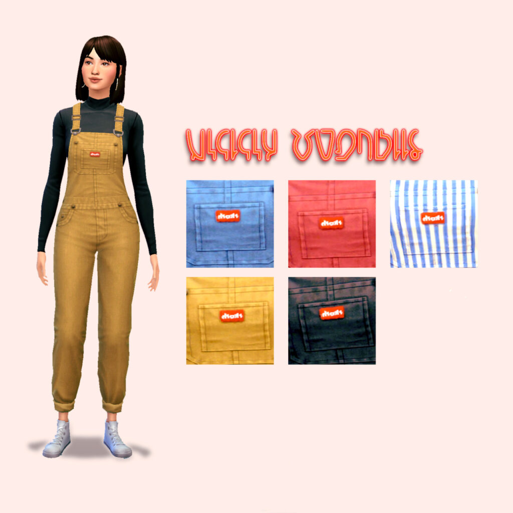 Ein Sim auf einem Pfirsichhintergrund trägt ein langes schwarzes T-Shirt und eine gelbe Latzhose, die von Dickies inspiriert ist.