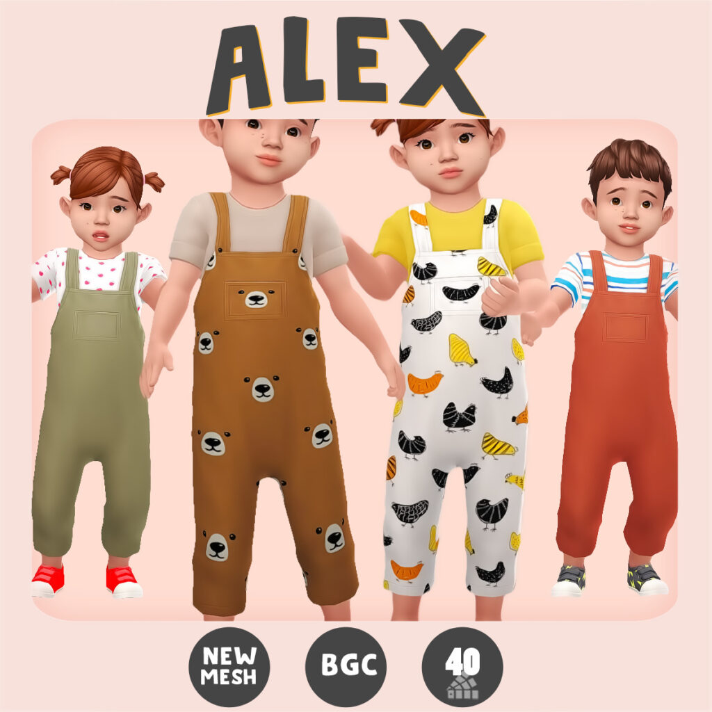 Vier Kleinkinder aus Die Sims 4, die alle T-Shirts und lange Overalls in lustigen Mustern tragen, Sims 4 CC Overalls.