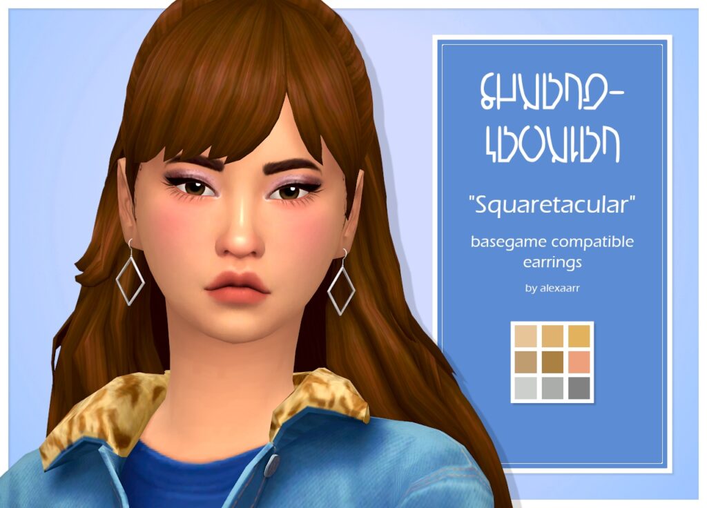 Ein Charakter aus Die Sims 4 in einer Jeansjacke mit Sherpa-Kragen. Sie haben braune Haare und braune Augen und tragen ein Paar diamantförmige Ohrringe.
