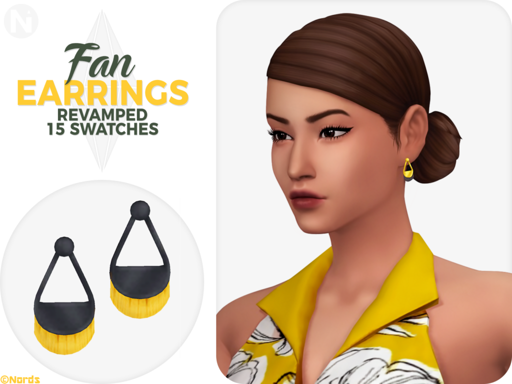 Ein Sim mit braunem Haar zu einem Dutt auf dem Hinterkopf. Sie trägt ein leuchtend gelbes Halter-Shirt und goldene Fächerohrringe.