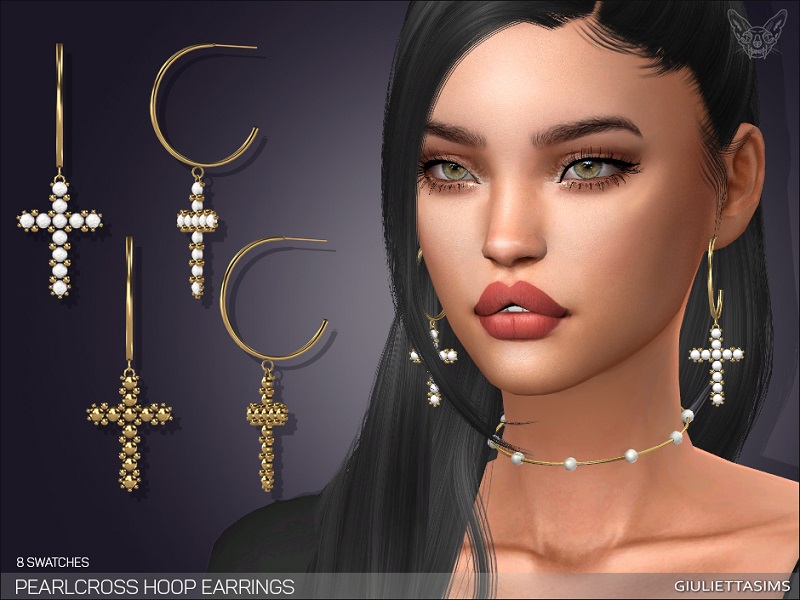Ein Sim mit schwarzen Haaren und grünen Augen, der eine Choker-Halskette mit kleinen Perlen trägt. Seine schwarzen Haare sind halb hochgesteckt mit einem Pony und er trägt Kreuz-Hoop-Ohrringe, die von unten baumeln.
