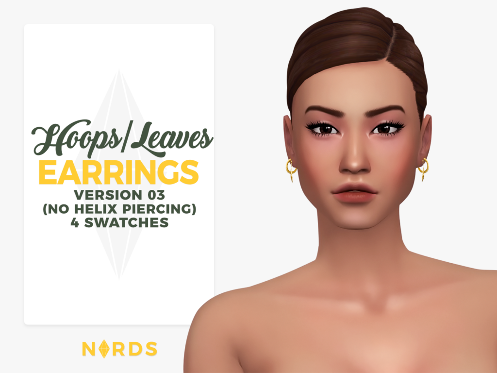 Ein Sim mit zurückgekämmten braunen Haaren und braunen Augen. Er trägt kleine Creolen, an denen unten ein kleiner Federanhänger an den Sims 4 CC-Ohrringen hängt.