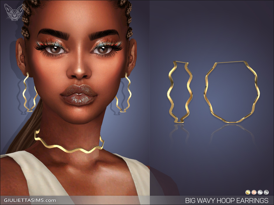 Ein Charakter in den Sims mit geflochtenen Haaren, dramatischem Lidschatten und Lipgloss. Sie tragen wellige Creolen CC-Ohrringe und eine wellige Choker-Halskette.