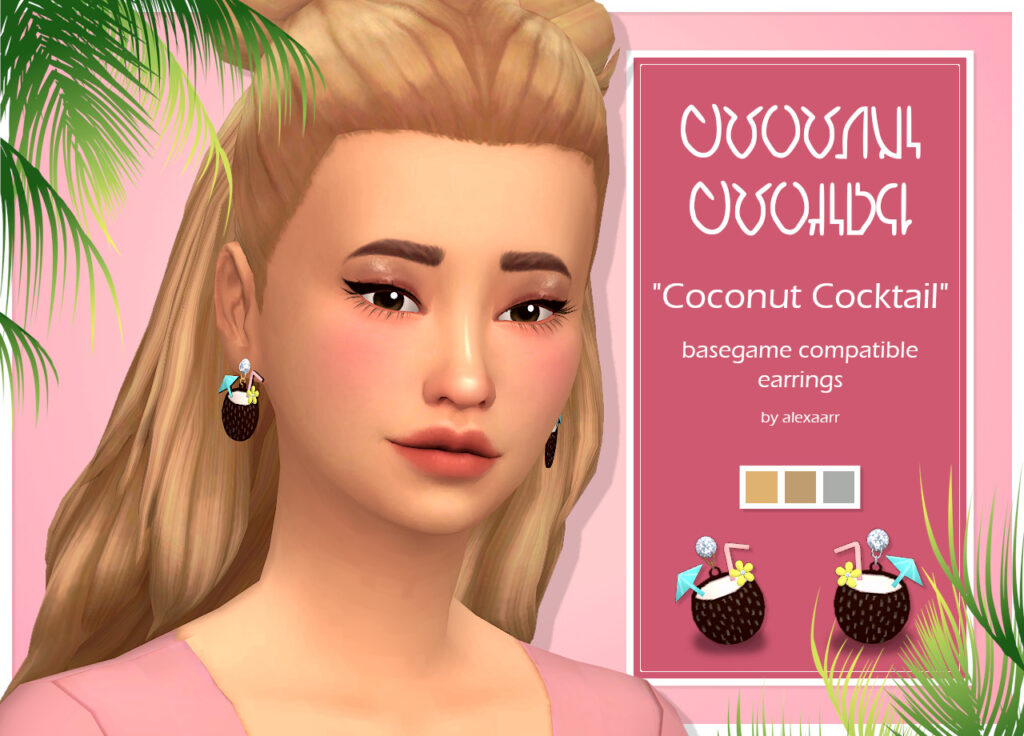 Ein Sim mit blonden Haaren, die zur Hälfte hochgesteckt sind und zu zwei Space Buns gestylt sind. Ihre Ohrringe sehen aus wie ein tropischer Urlaubsdrink in einer Kokosnuss.