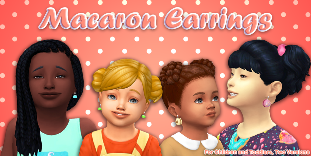 Zwei Kleinkinder und zwei Kinder aus Die Sims 4. Sie tragen alle Ohrringe, die wie das beliebte Dessert Macarons aussehen.