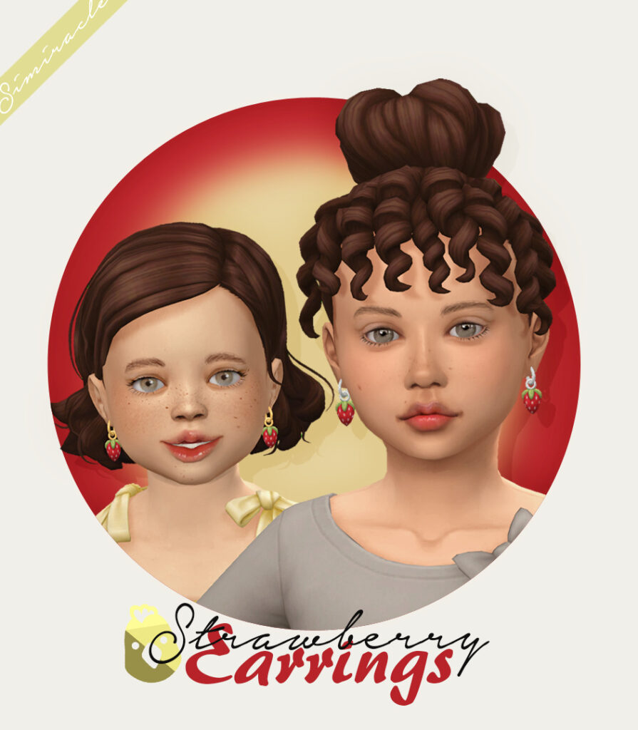 Ein Kleinkind und ein Erwachsener in Die Sims 4, die beide mit baumelnden Erdbeerohrringen tragen.