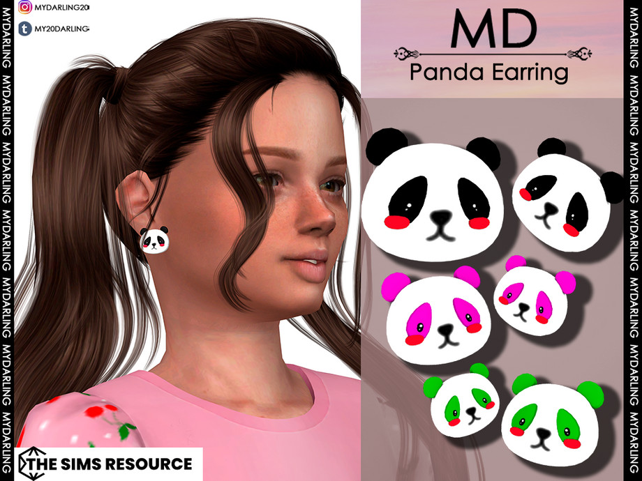 Ein Sim mit braunen Haaren in Zöpfen, mit lockigen Strähnen im Gesicht, die herunterhängen. Sie tragen ein rosa Shirt und große Panda-Gesichts-Ohrringe.