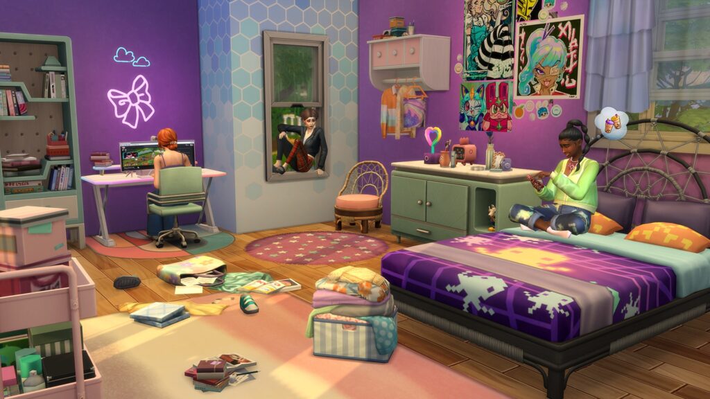 Ein Sim, der Videospiele auf einem Computer spielt, ein Sim, der auf seinem Bett Trendi-Artikel verkauft und dabei den Sims 4 Entrepreneur Skill Cheat erhält