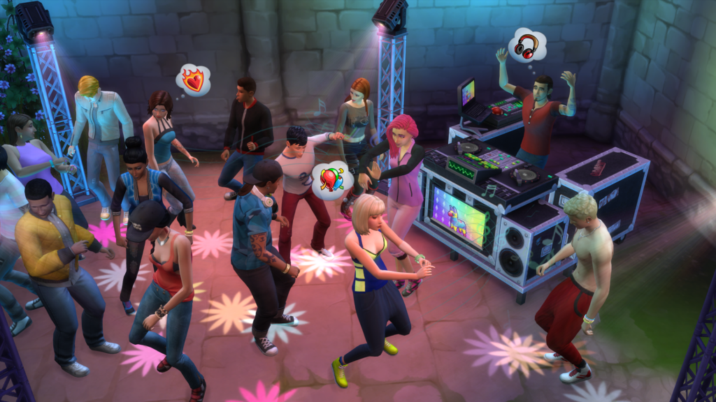 Pablo, der in The Sims 4 mit einer Gruppe von Sims an einem DJ-Mischstand tanzt