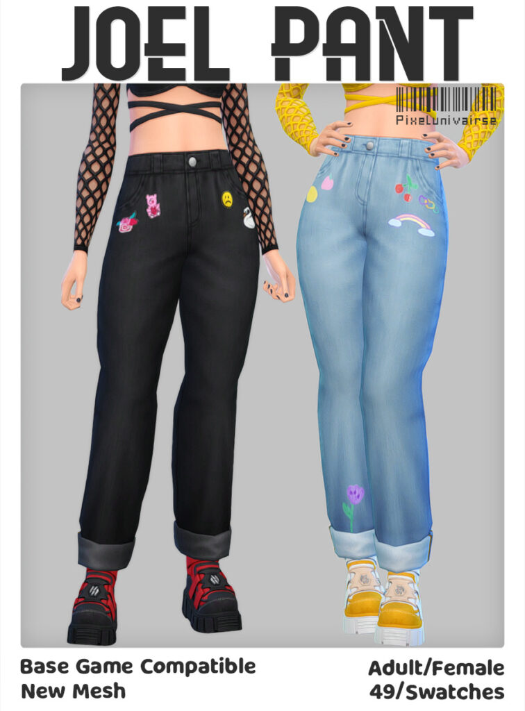 Dieses Bild zeigt zwei Sims, die direkt unter der Büste zugeschnitten sind, um ihre Sims 4 CC-Jeans zur Geltung zu bringen. Die Jeans haben eine hohe Taille mit umgeschlagenem Saum und kleine Aufnäher an den Hüften in Form von Regenbögen, Blumen und Smileys.