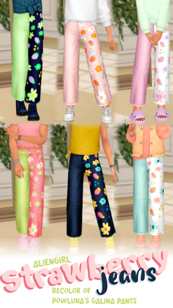 Sechs Panels derselben Sim, die verschiedene Outfits trägt. Alle diese Outfits sind Sims, die dieselbe zweifarbige Hose mit Mustern am Bein wie Erdbeeren und Blumen tragen.