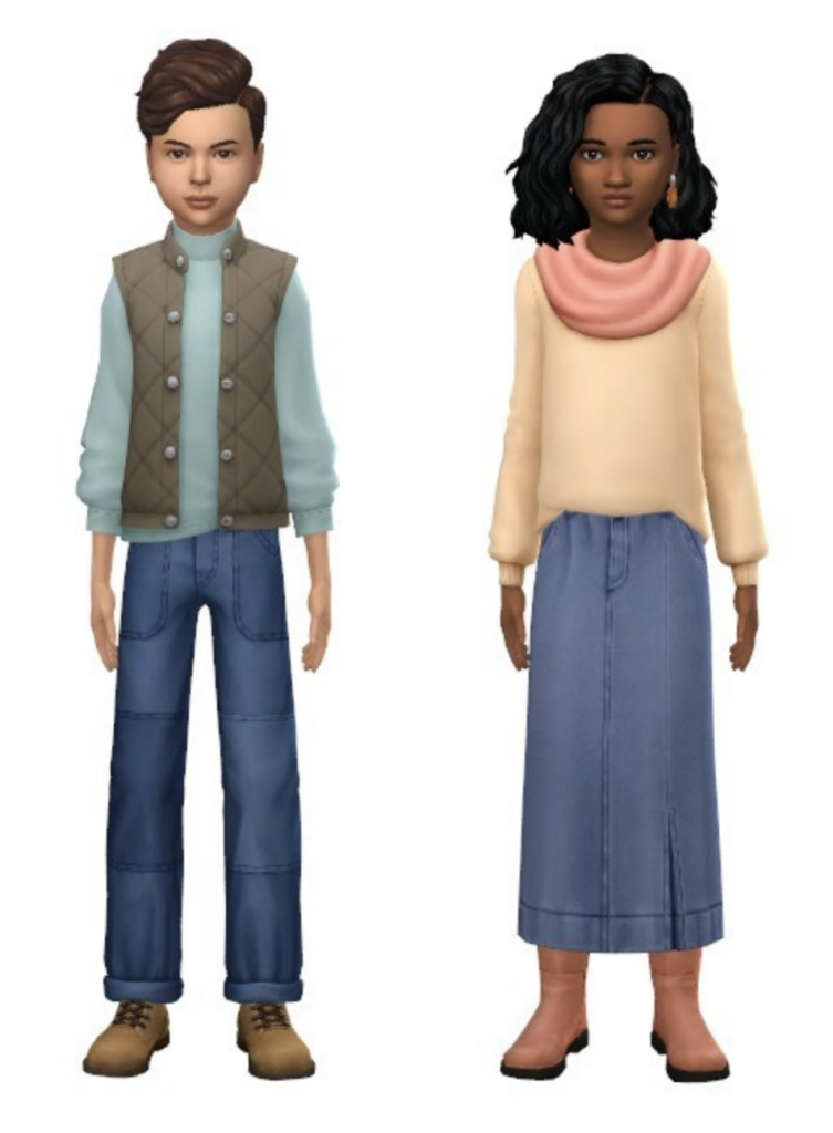 Zwei Kinder aus Die Sims 4 stehen nebeneinander und tragen CC-Patchwork-Jeans und einen CC-langen Jeansrock.