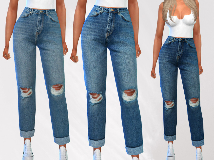 Eine Sim mit blondem Haar und einem weißen Tanktop trägt hoch taillierte Mom-Jeans mit zerrissenen Knien und weißen Turnschuhen.