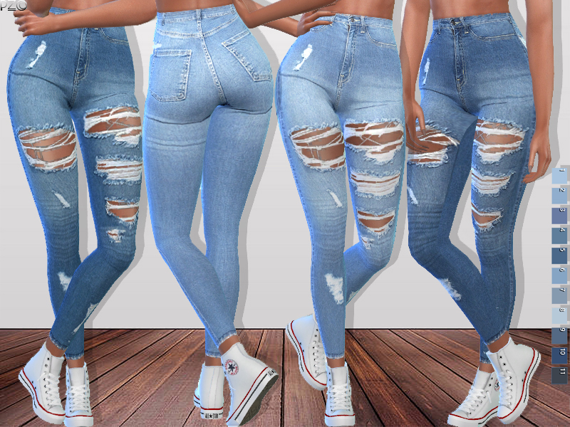 Derselbe untere Teil eines Körpers viermal mit unterschiedlichen Farbtönen der gleichen Jeans.