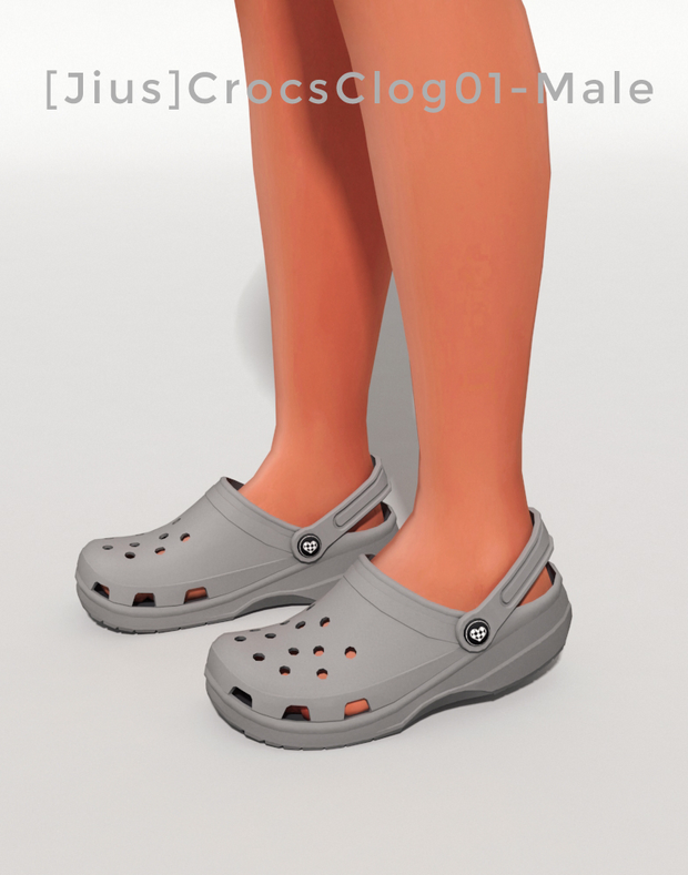 Zwei Beine in The Sims 4 mit Crocs, die grau mit weißen Herzen sind 