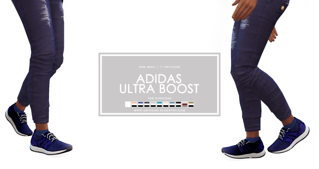 Das gleiche Paar Beine zweimal, die einander zugewandt sind. Beide tragen Sims 4 CC-Männerschuhe, die blaue Turnschuhe mit weißen Sohlen und weißen Schnürsenkeln sind.