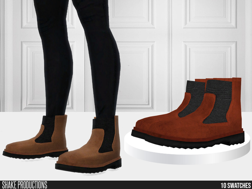 Ein Paar kurze Stiefel an einem Paar Beine mit einer schwarzen Leggings. Dies sind großartige Sims 4 CC-Schuhe für Männer, es gibt auch ein Paar nicht an Beinen, sondern auf einer Plattform.