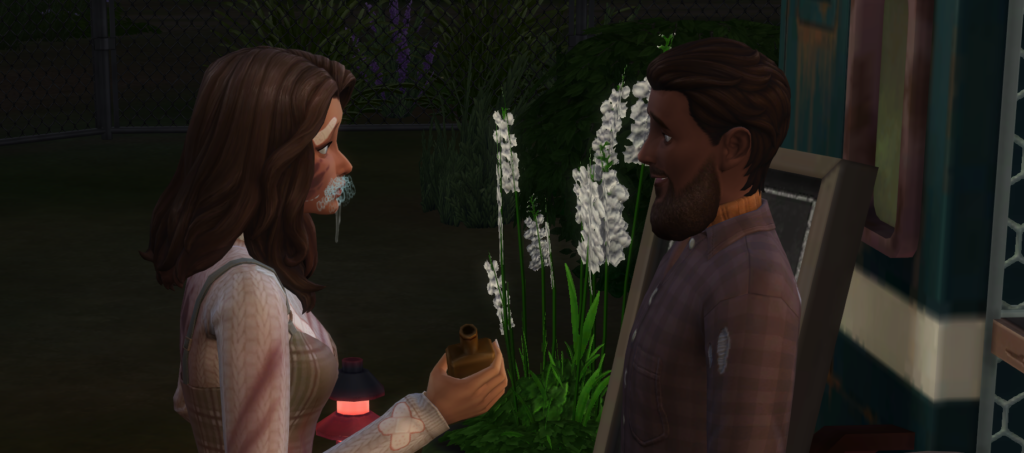 Infizierter Sim mit Werebies in Die Sims 4 steht mit einem Barkeeper und trinkt das Heilmittel