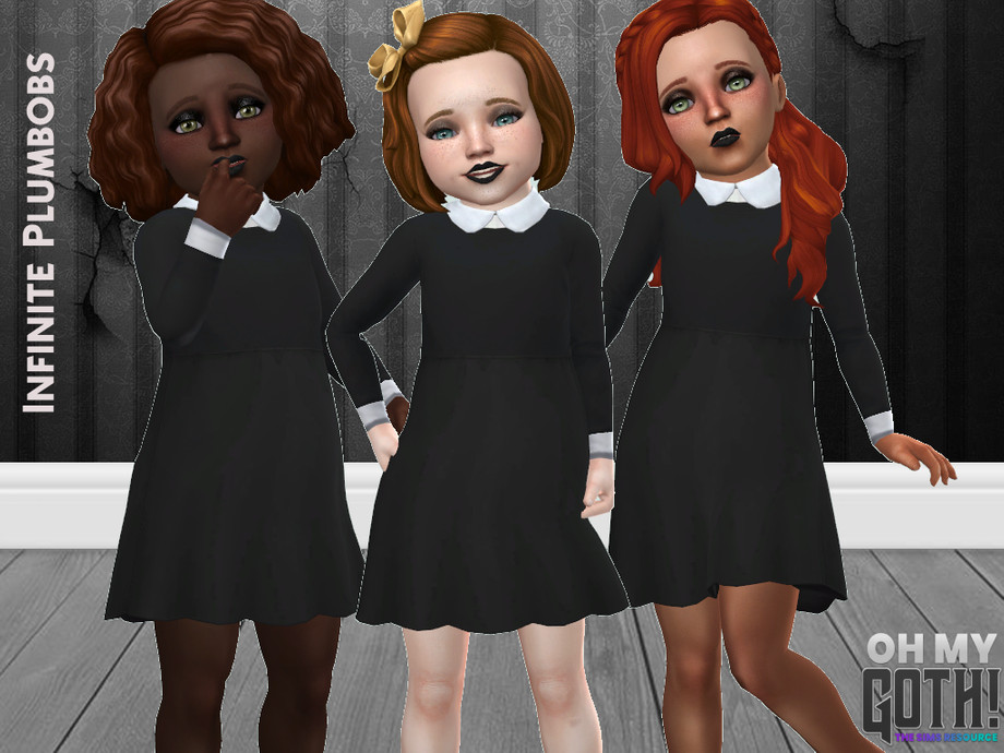 Drei Kleinkind-Charaktere aus Die Sims 4, die passende goth CC-Kleider im Stil von Wednesday Addams tragen und nebeneinander stehen.