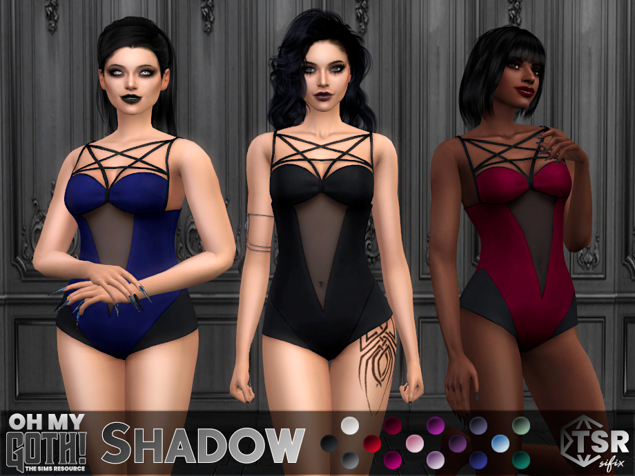 Drei erwachsene weibliche Charaktere aus Die Sims 4, die alle maßgeschneiderte Dessous tragen, die oben viele gekreuzte Riemen haben und in Form eines Sterns verlaufen. Diese gotischen CC-Dessous sind wunderschön.