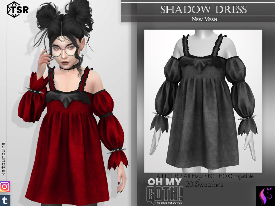 Ein Kind im Alter von The Sims 4 mit zwei großen, unordentlichen Haarknoten. Sie tragen ein goth CC-Kleid mit puffigen Ärmeln und Metallstacheln um das Handgelenk.