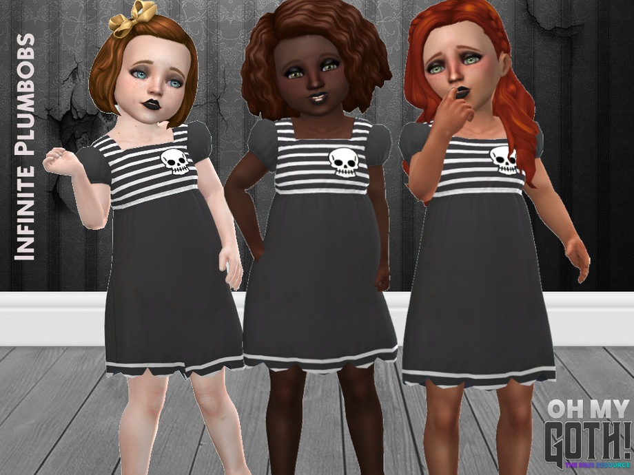 Drei Kleinkinderfiguren aus Die Sims 4. Diese Charaktere tragen alle dasselbe Gothic-Kleid mit schwarzen und weißen Streifen oben und einem kleinen Totenkopf auf der Brust.
