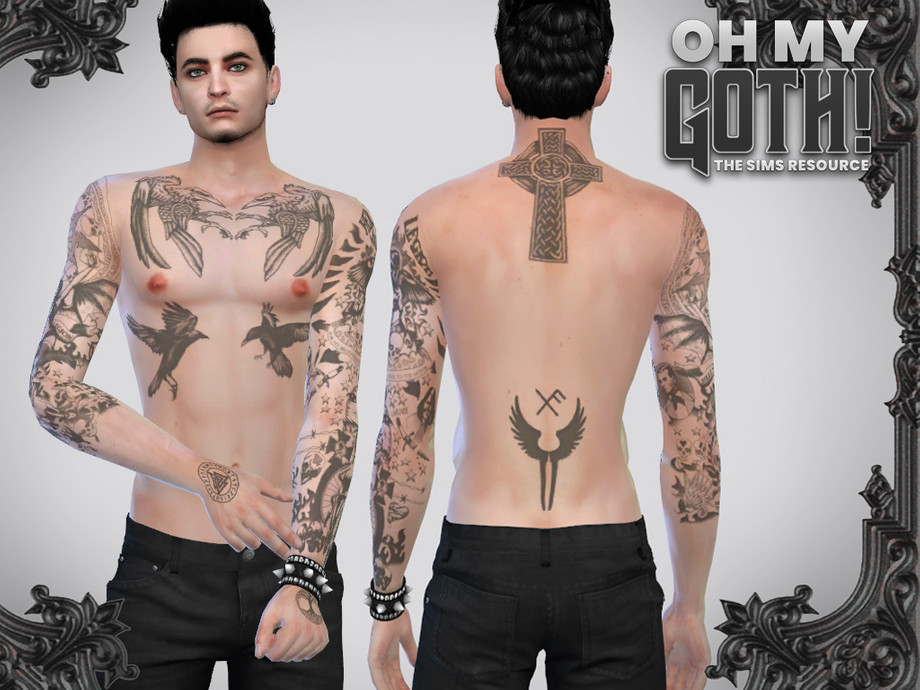 Ein männlicher Charakter aus Die Sims 4, der kein Hemd trägt, weil er von Tätowierungen bedeckt ist. Er hat eine Tätowierung auf einem Arm und eine halbe Tätowierung auf dem anderen, zwei Rückentätowierungen und eine Brusttätowierung.