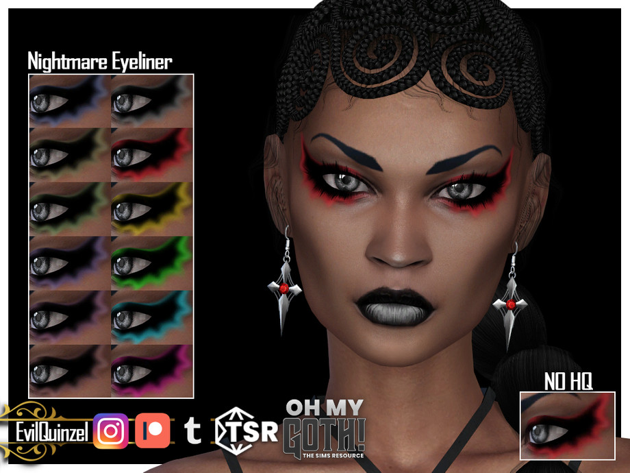 Ein Sim mit dickem Eyeliner mit rotem Rand, geschwungenen Augenbrauen und schwarzem Lippenstift. Sie trägt gothic CC-Ohrringe und ein schwarzes Trägertop.