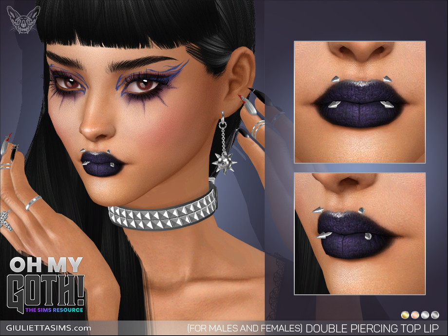 Ein Sim mit schwarzen Haaren und einer stacheligen Halskette. Sie haben dunkelblauen Lippenstift und Piercings, die aus ihren Lippen herausragen.