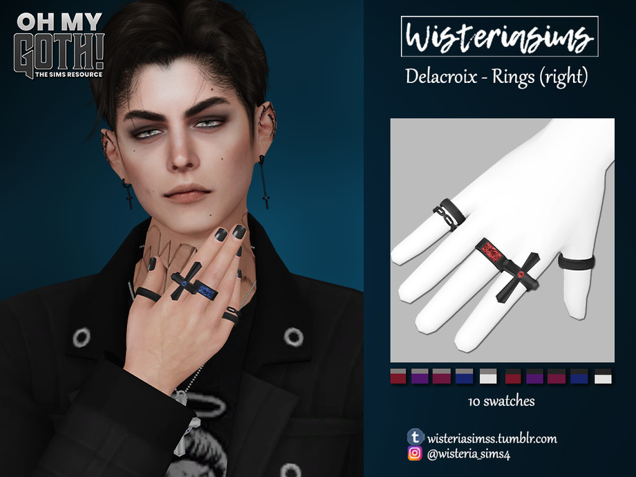 Ein männlicher Sim mit zwei Ohrringen mit Kreuzen am Ende. Sie haben ihre Hand vor ihrem Hals, um ihre goth Ringe zu präsentieren, die auch ein Kreuz haben, um zu den Ohrringen zu passen. Sie tragen auch eine schwarze Jacke über einem Grafik-T-Shirt.