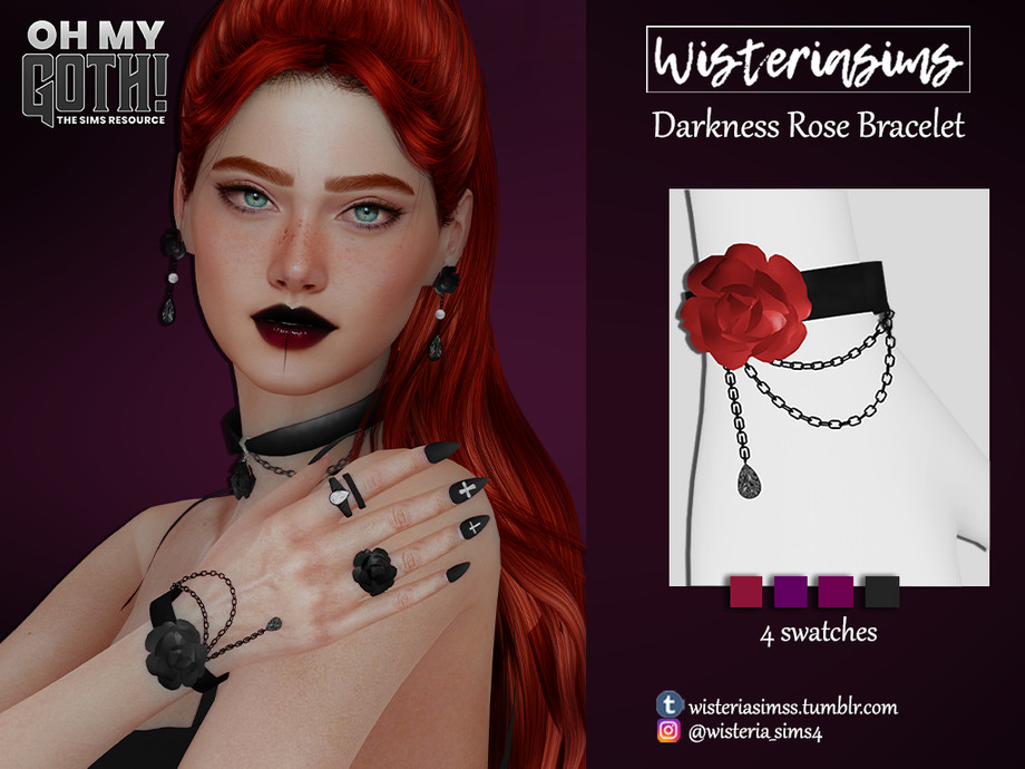 Ein Sim mit leuchtend roten Haaren und hellblauen Augen. Sie trägt dunkelroten Ombre-Lippenstift und ein schwarzes Tanktop. Ihre Nägel sind schwarz mit Kreuzen als Designs und sie trägt viele schwarze Schmuckstücke.