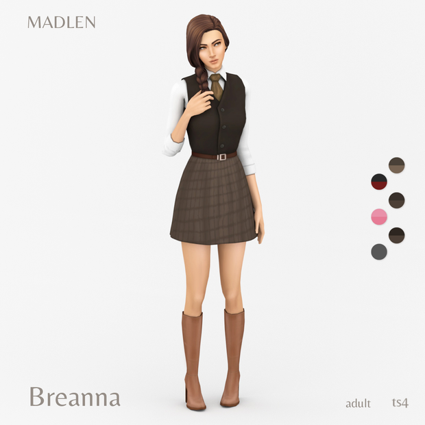 Ein Sim trägt einen karierten Rock mit Gürtel und eine Weste mit einem Hemd und Krawatte. Ein großartiges Sims 4 CC-Outfit für einen Studenten.