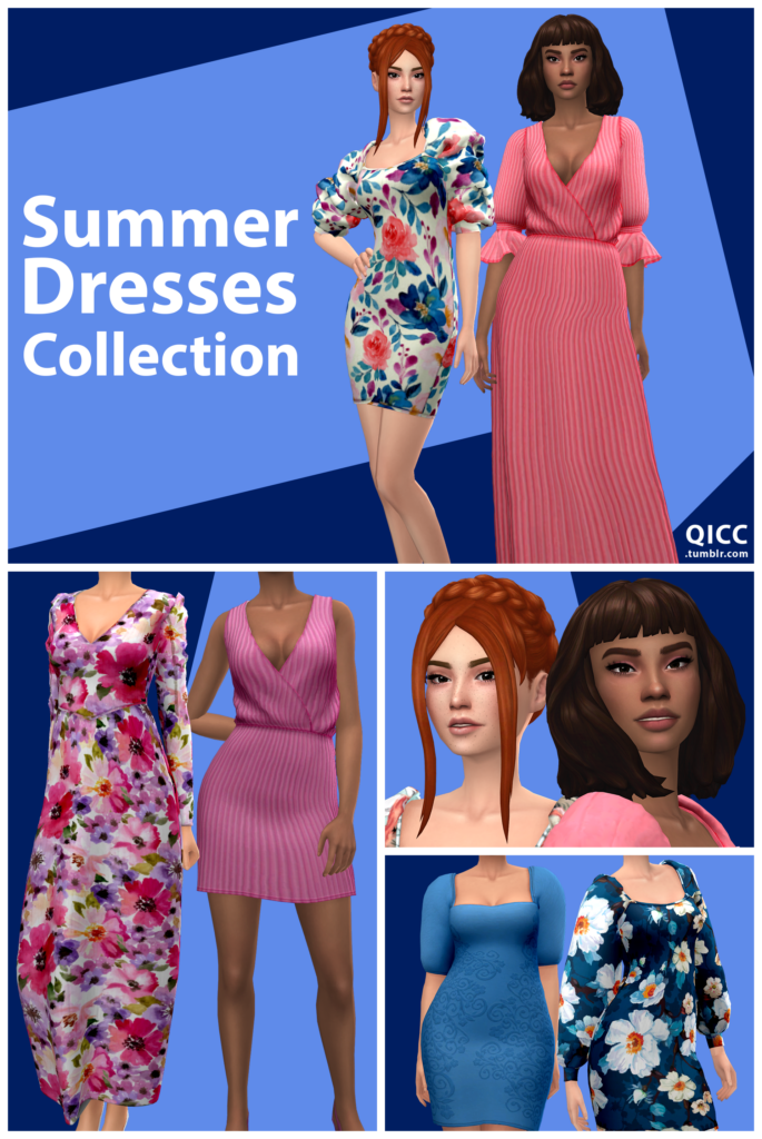eine Kollektion von schönen Sommerkleidern und Sims, die sie tragen