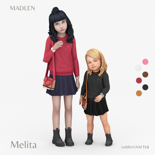 Zwei Sims tragen Sims 4 CC-Outfits mit einer Tasche