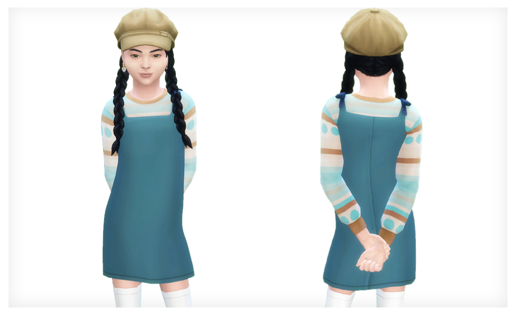 Ein Sim trägt eine süße Wahl für Sims 4 CC-Outfits, nämlich einen niedlichen gemusterten Pullover unter einem Kleid