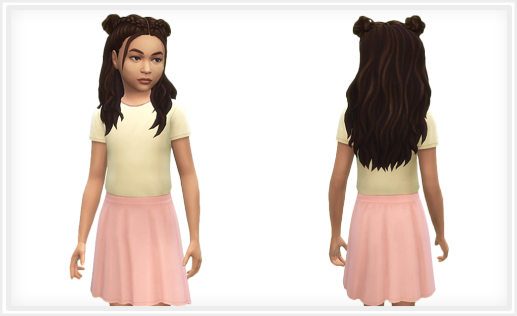 Ein Sim mit zwei Space Buns auf dem Kopf, der ein gelbes T-Shirt und einen rosa Rock trägt - Sims 4 CC Outfit