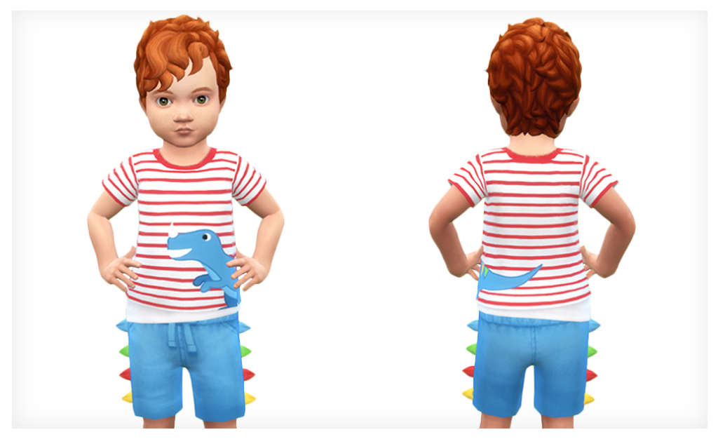Ein Sim steht in einer entzückenden Sims 4 CC-Outfit-Option, auf der ein Dinosaurier abgebildet ist und sogar Dinosaurierspitzen an den Shorts hat