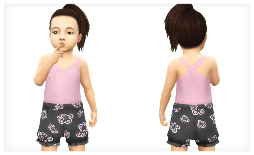 Ein Sim zeigt auf den Mund, während er ein rückenfreies Tanktop und florale Shorts trägt, eine perfekte Option für Sims 4 CC Outfits