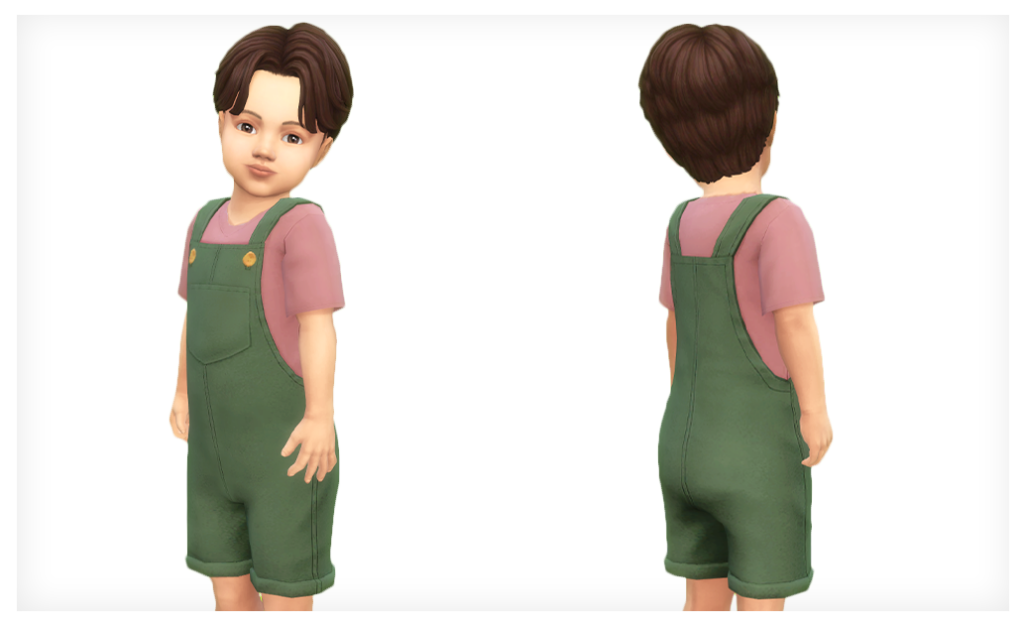 Ein männliches Kleinkind in Die Sims 4, das eine Latzhose über einem rosa Oberteil trägt