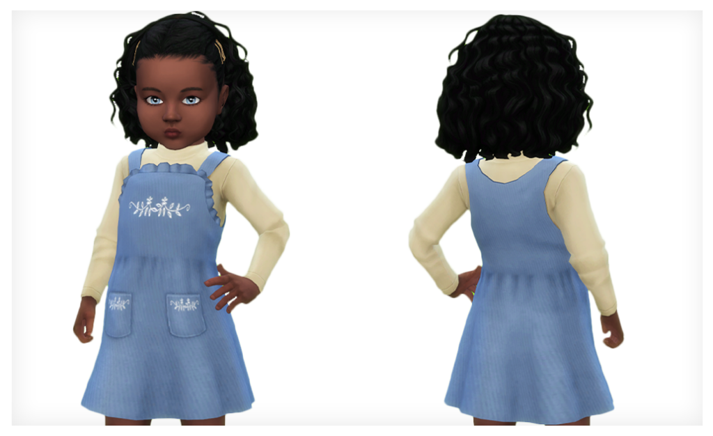 Ein Kleinkind-Sim mit lockigem Haar und einer Hand auf der Hüfte, die eine Sims 4 CC-Outfitoption trägt