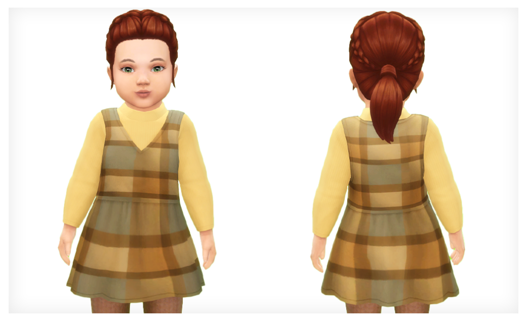 Ein Kleinkind in Die Sims 4 mit roten Haaren trägt ein langärmeliges gelbes Shirt mit kariertem Kleid darüber